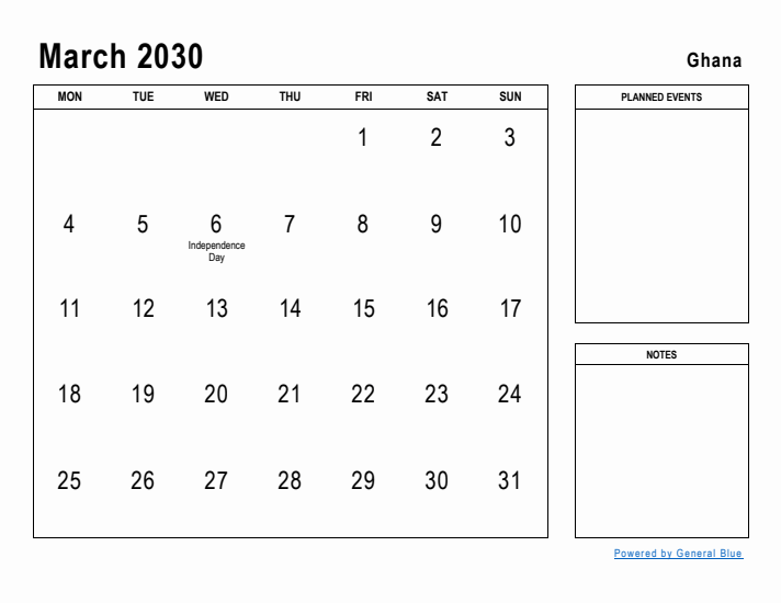 March 2030 Printable Monthly Calendar with Ghana Holidays