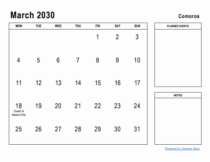 March 2030 Printable Monthly Calendar with Comoros Holidays