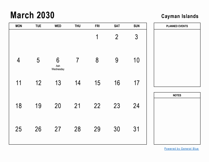 March 2030 Printable Monthly Calendar with Cayman Islands Holidays