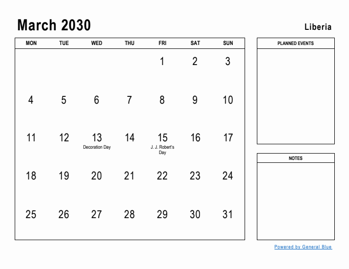 March 2030 Printable Monthly Calendar with Liberia Holidays