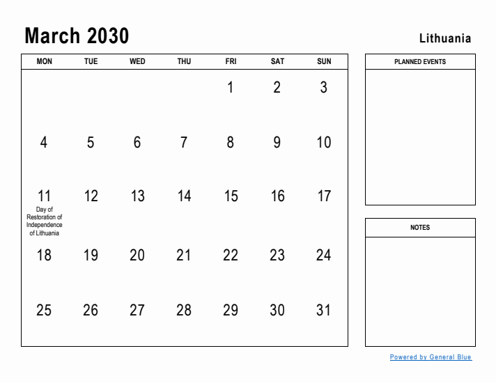 March 2030 Printable Monthly Calendar with Lithuania Holidays