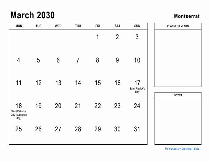 March 2030 Printable Monthly Calendar with Montserrat Holidays