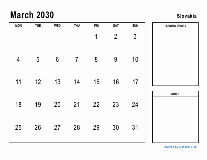 March 2030 Printable Monthly Calendar with Slovakia Holidays
