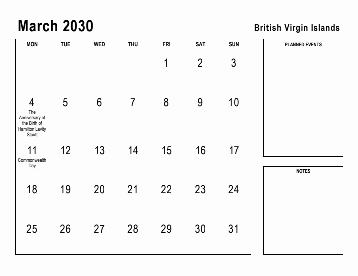 March 2030 Printable Monthly Calendar with British Virgin Islands Holidays