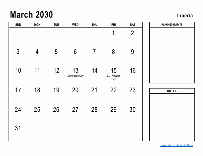 March 2030 Printable Monthly Calendar with Liberia Holidays