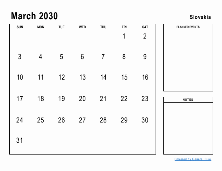 March 2030 Printable Monthly Calendar with Slovakia Holidays
