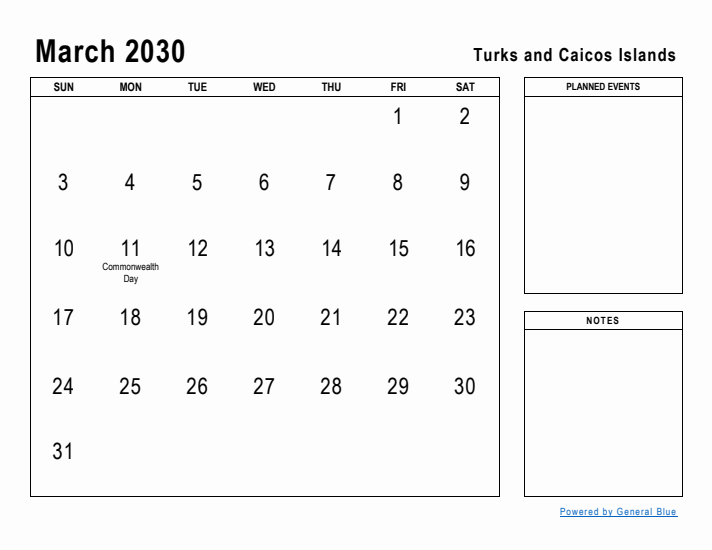 March 2030 Printable Monthly Calendar with Turks and Caicos Islands Holidays