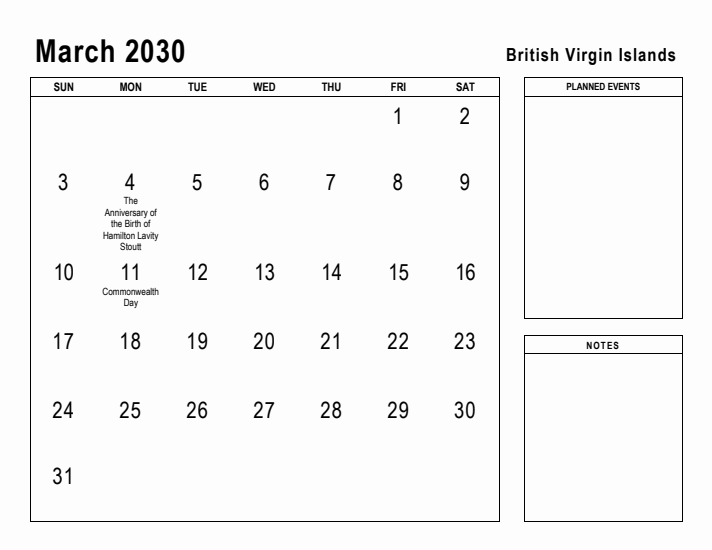 March 2030 Printable Monthly Calendar with British Virgin Islands Holidays