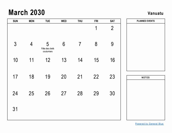 March 2030 Printable Monthly Calendar with Vanuatu Holidays