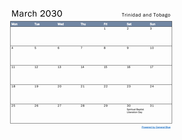 March 2030 Simple Monthly Calendar for Trinidad and Tobago