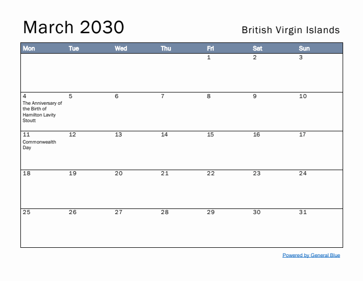 March 2030 Simple Monthly Calendar for British Virgin Islands