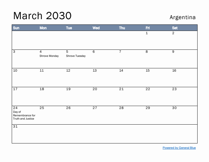 March 2030 Simple Monthly Calendar for Argentina