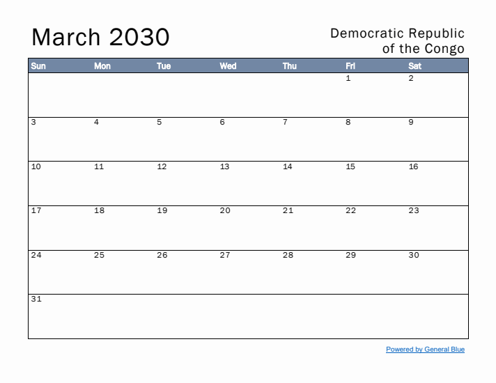 March 2030 Simple Monthly Calendar for Democratic Republic of the Congo