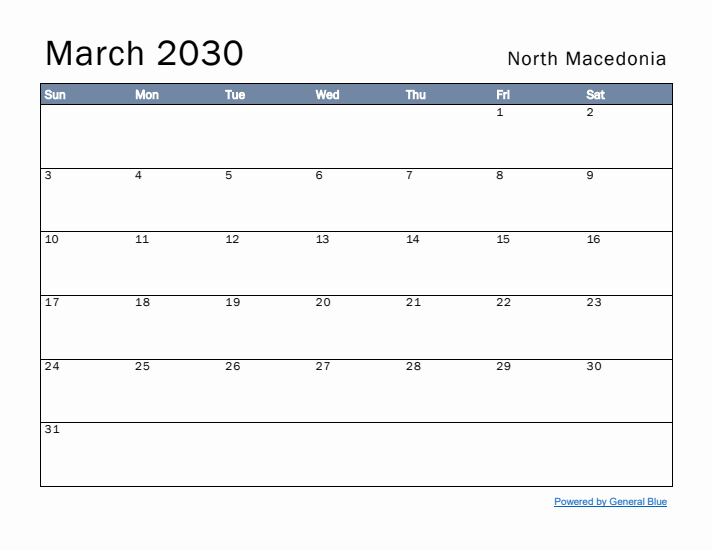 March 2030 Simple Monthly Calendar for North Macedonia
