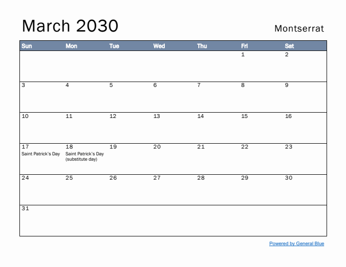 March 2030 Simple Monthly Calendar for Montserrat
