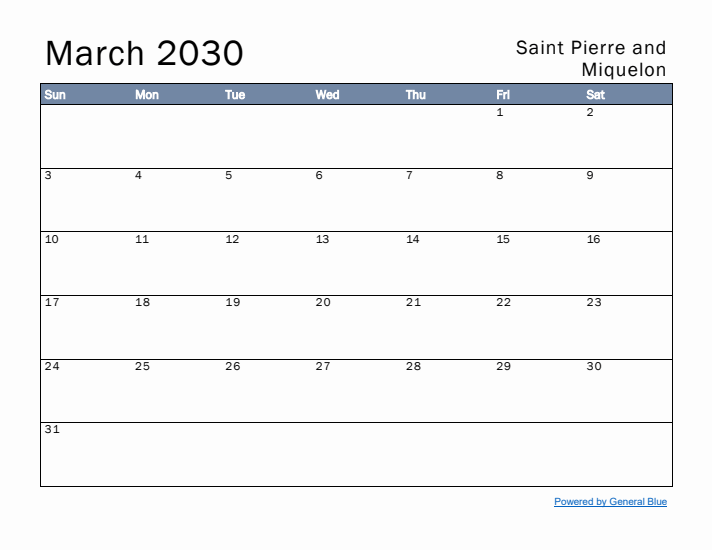 March 2030 Simple Monthly Calendar for Saint Pierre and Miquelon