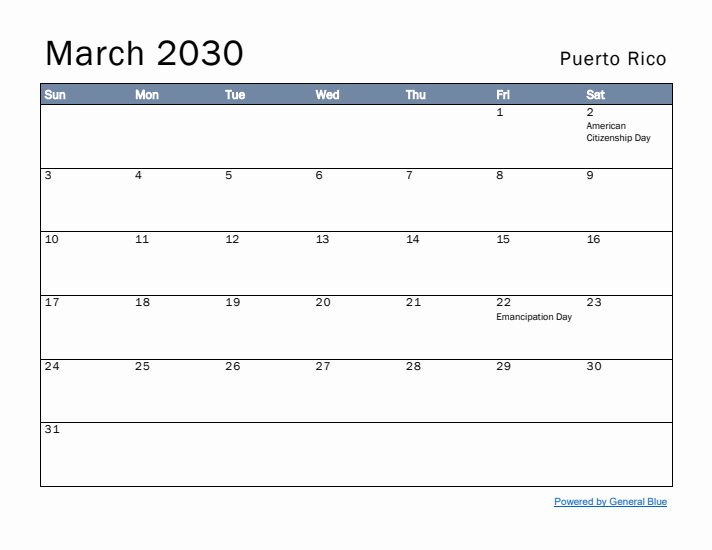 March 2030 Simple Monthly Calendar for Puerto Rico
