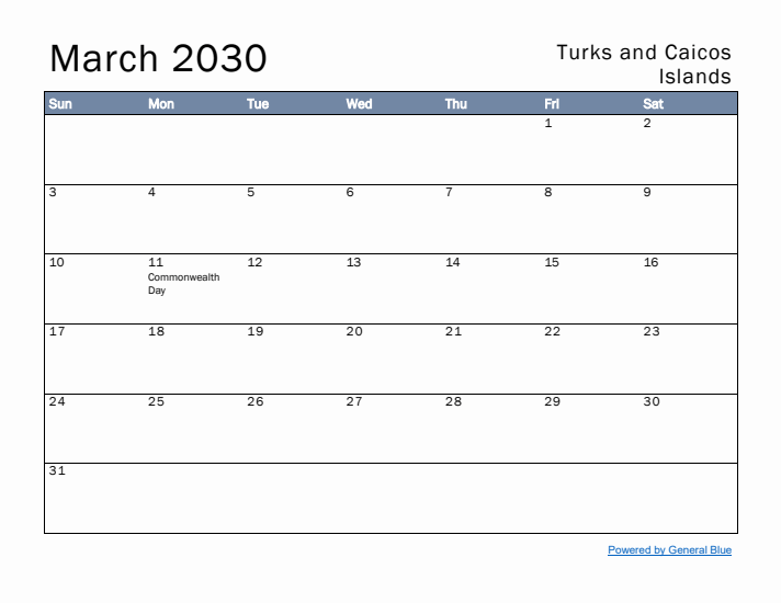 March 2030 Simple Monthly Calendar for Turks and Caicos Islands