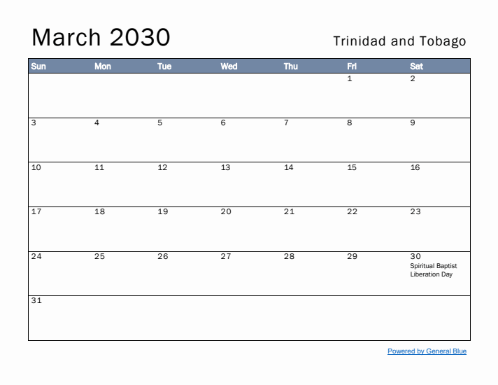 March 2030 Simple Monthly Calendar for Trinidad and Tobago