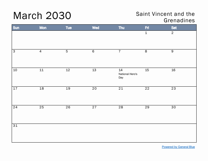 March 2030 Simple Monthly Calendar for Saint Vincent and the Grenadines
