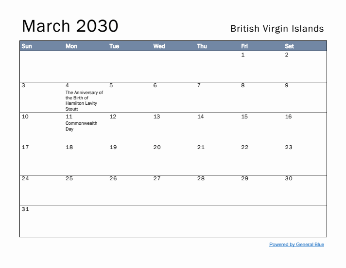 March 2030 Simple Monthly Calendar for British Virgin Islands
