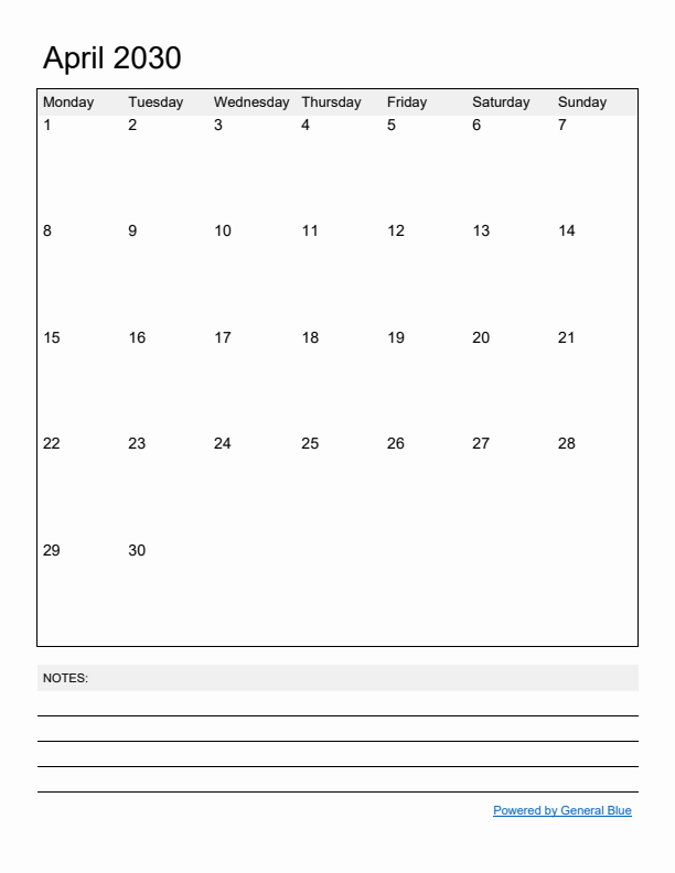 Basic Monthly Calendar Template for April 2030