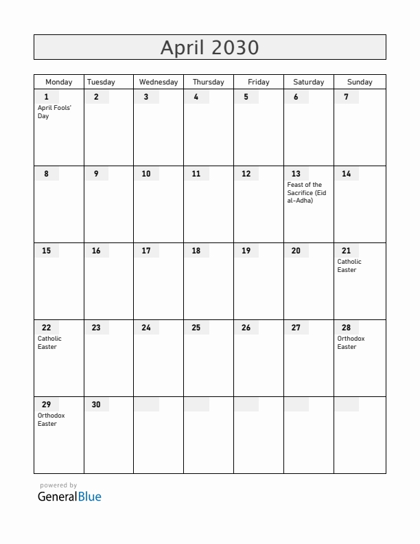 Albania April 2030 Calendar with Holidays