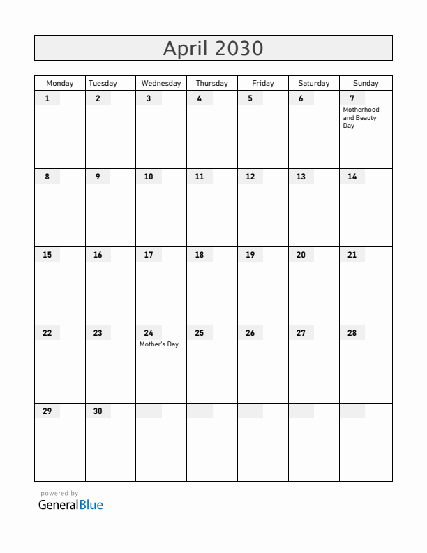 Armenia April 2030 Calendar with Holidays