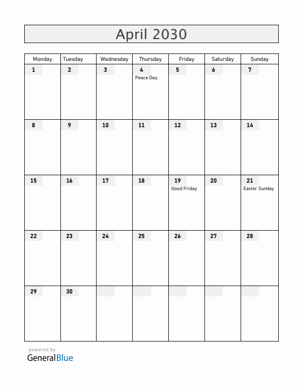 Angola April 2030 Calendar with Holidays