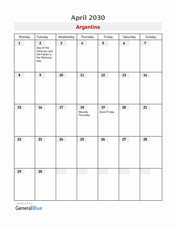 Argentina April 2030 Calendar with Holidays
