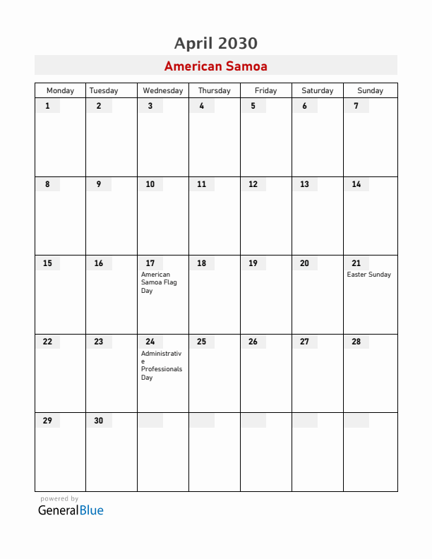 American Samoa April 2030 Calendar with Holidays
