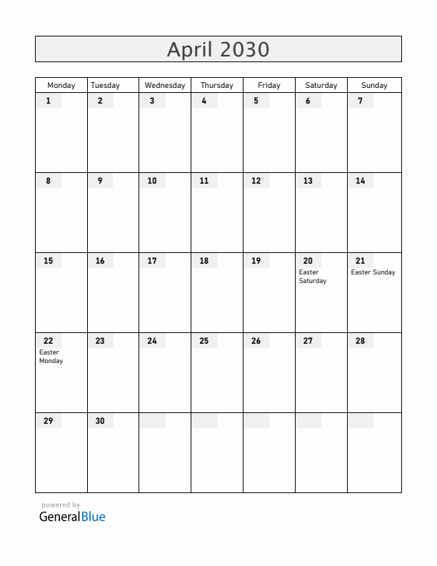 Austria April 2030 Calendar with Holidays