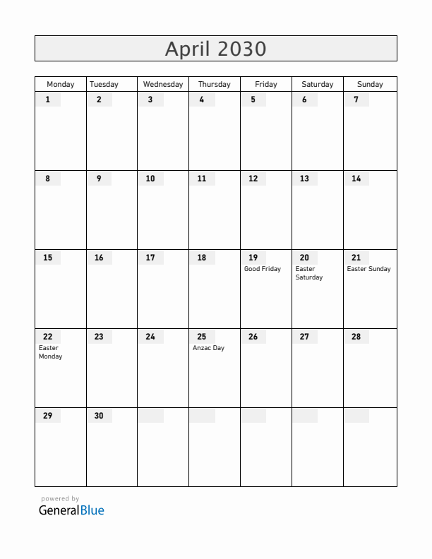 Australia April 2030 Calendar with Holidays