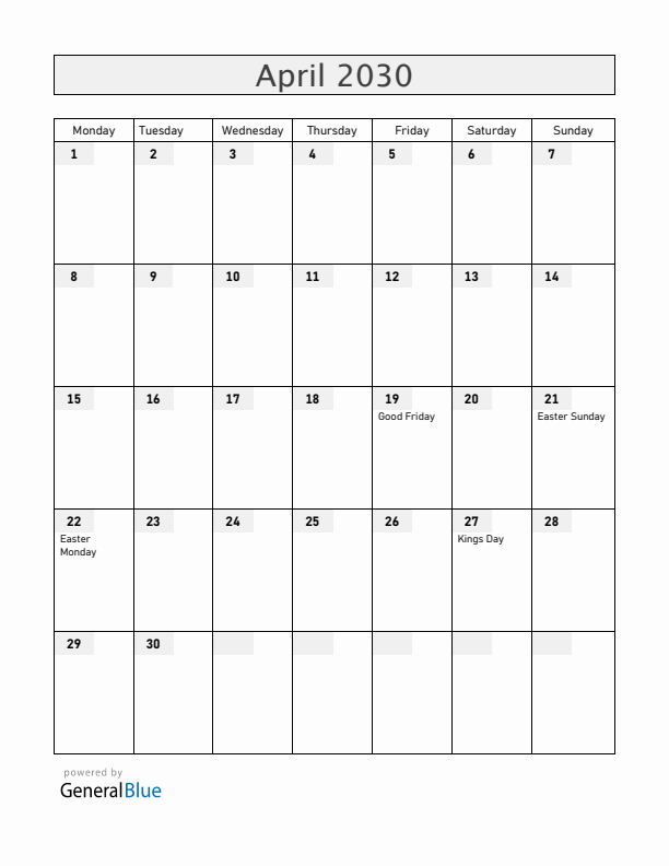 Aruba April 2030 Calendar with Holidays