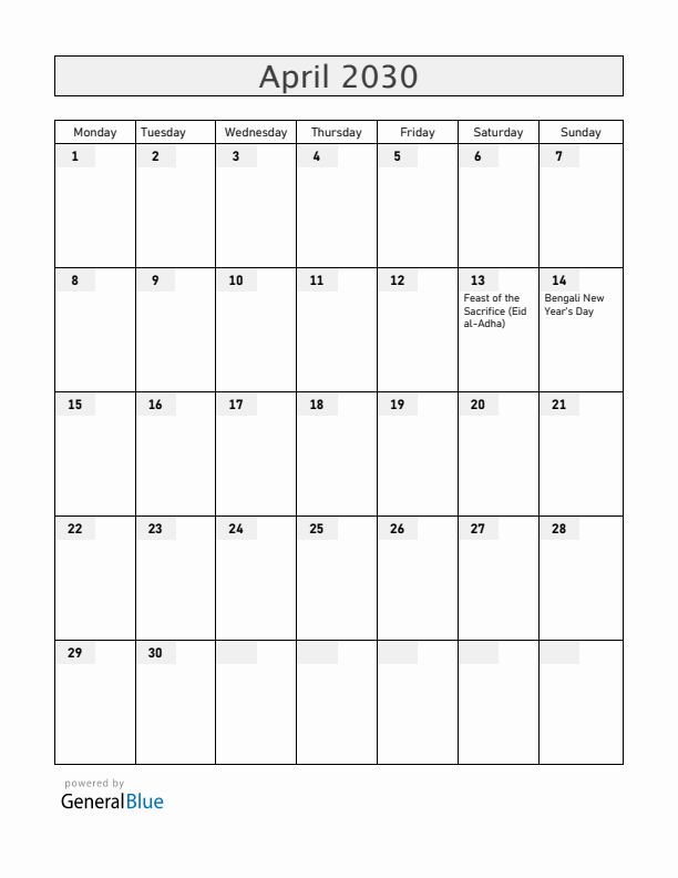 Bangladesh April 2030 Calendar with Holidays