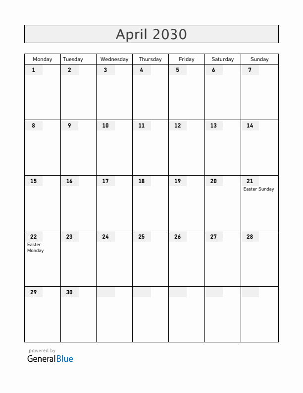 Belgium April 2030 Calendar with Holidays
