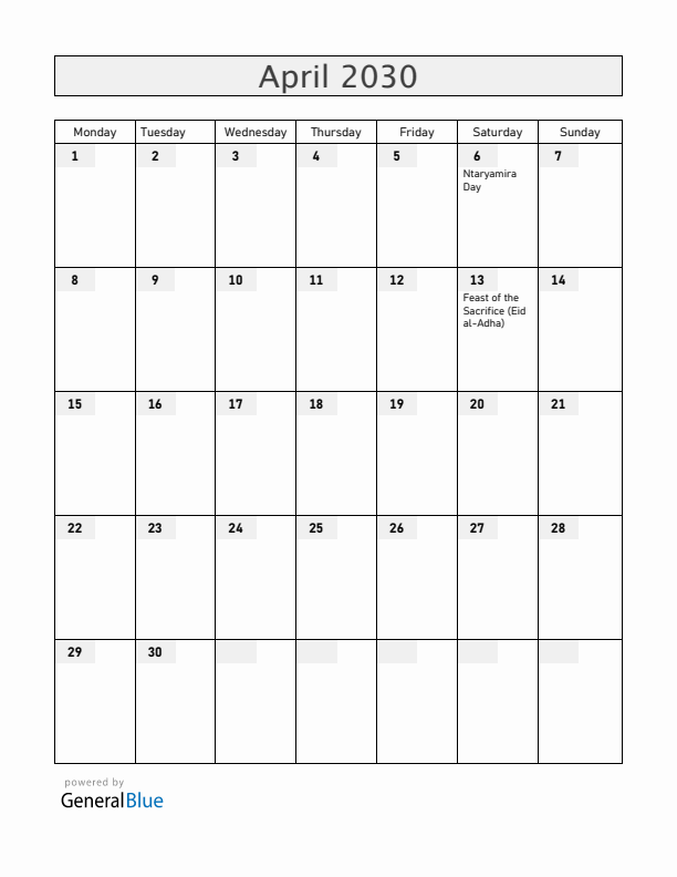 Burundi April 2030 Calendar with Holidays