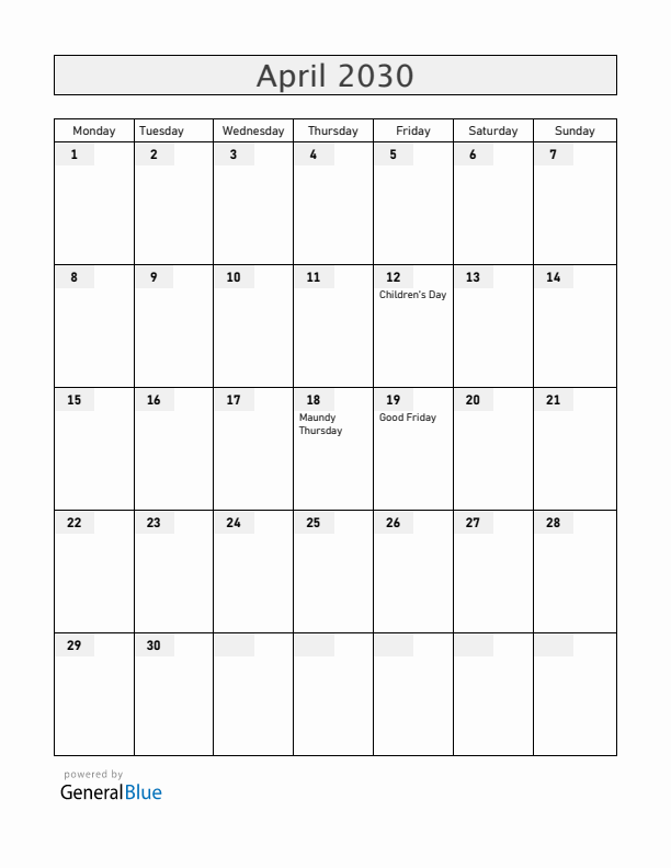 Bolivia April 2030 Calendar with Holidays