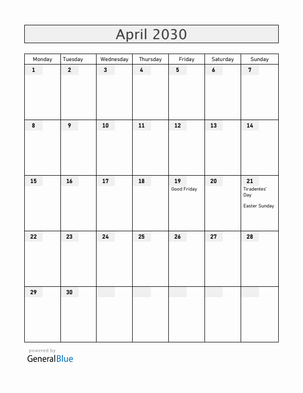 Brazil April 2030 Calendar with Holidays