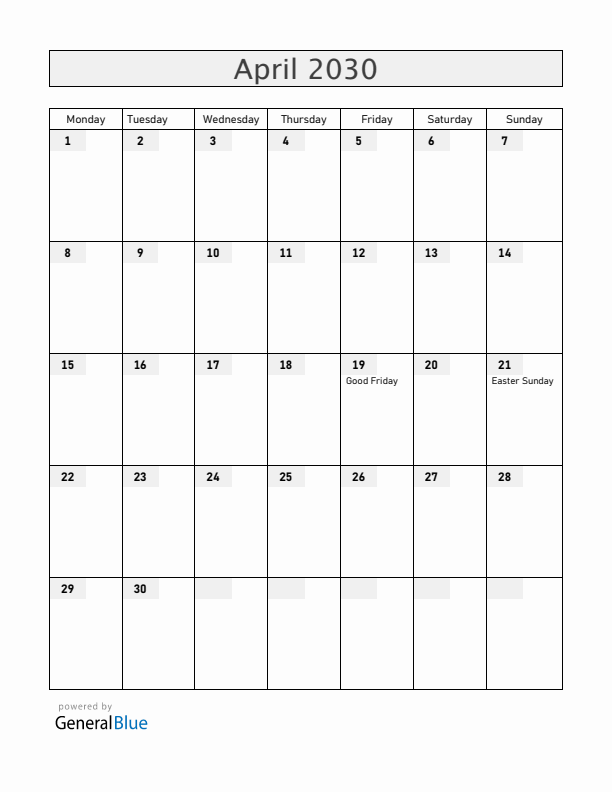 Canada April 2030 Calendar with Holidays