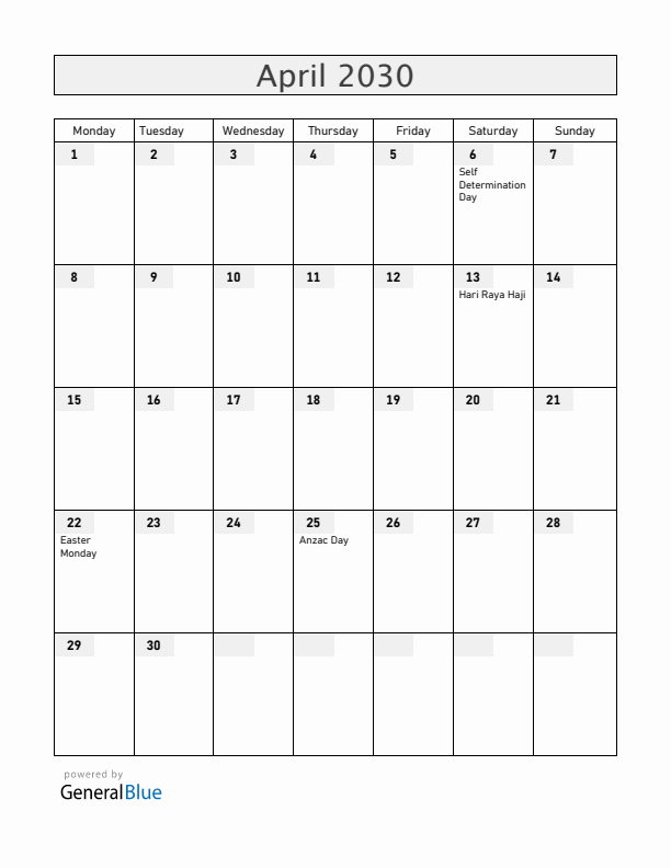 Cocos Islands April 2030 Calendar with Holidays