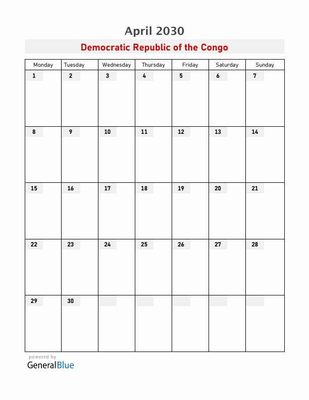 Democratic Republic of the Congo April 2030 Calendar with Holidays