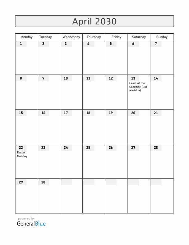 Central African Republic April 2030 Calendar with Holidays