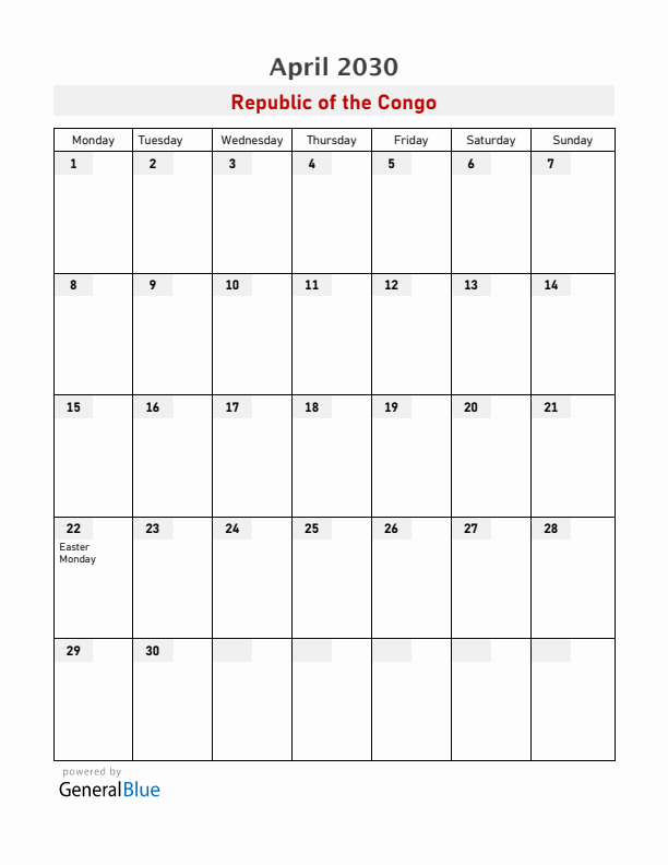 Republic of the Congo April 2030 Calendar with Holidays