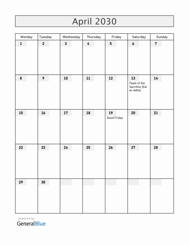 Cameroon April 2030 Calendar with Holidays