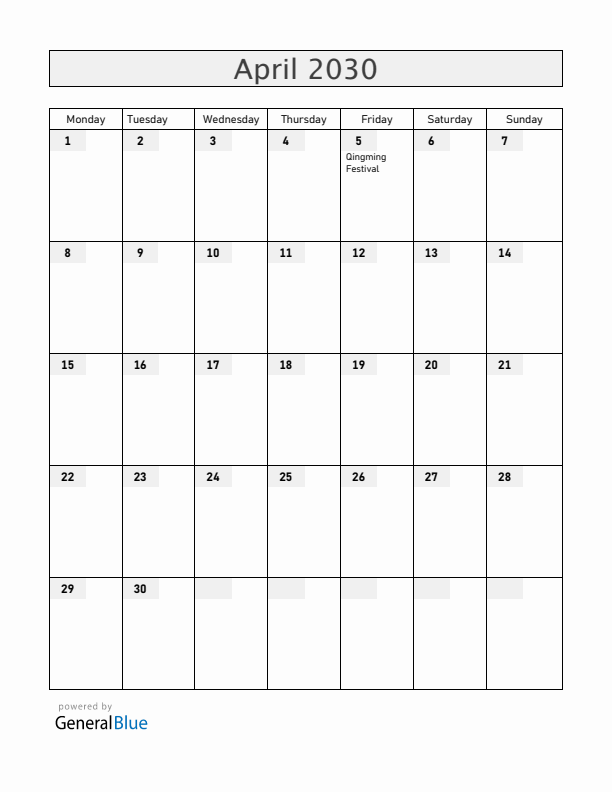 China April 2030 Calendar with Holidays