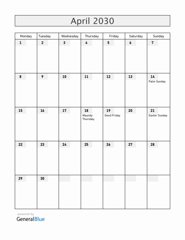 Colombia April 2030 Calendar with Holidays
