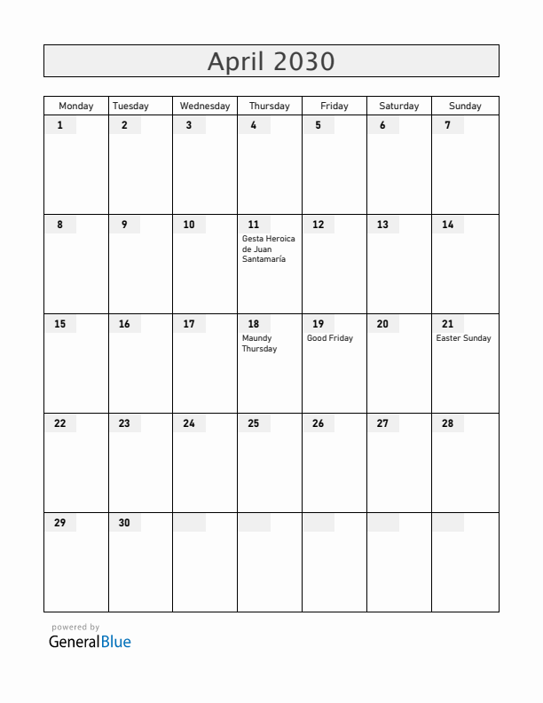 Costa Rica April 2030 Calendar with Holidays