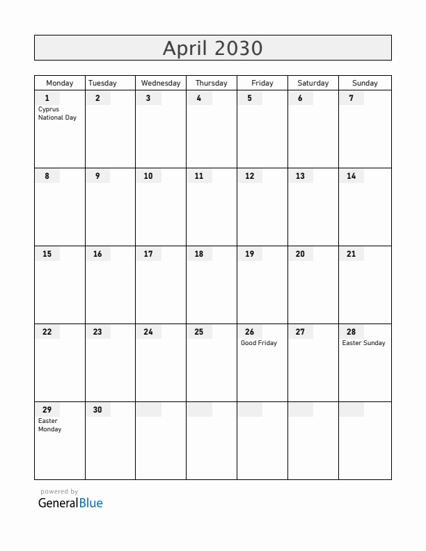 Cyprus April 2030 Calendar with Holidays