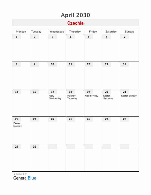 Czechia April 2030 Calendar with Holidays